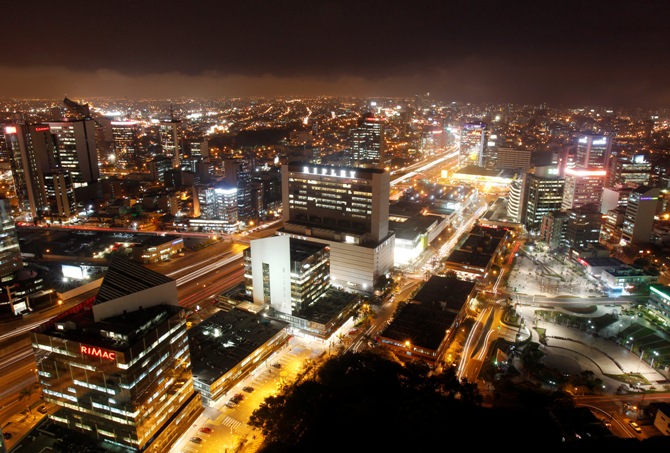 The financial center of San Isidro's district is seen from the top of a building in Lima.