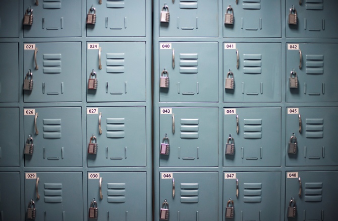 Lockers for workers to place their personal belongings into are seen on the floor of an outsourcing centre in Bengaluru.