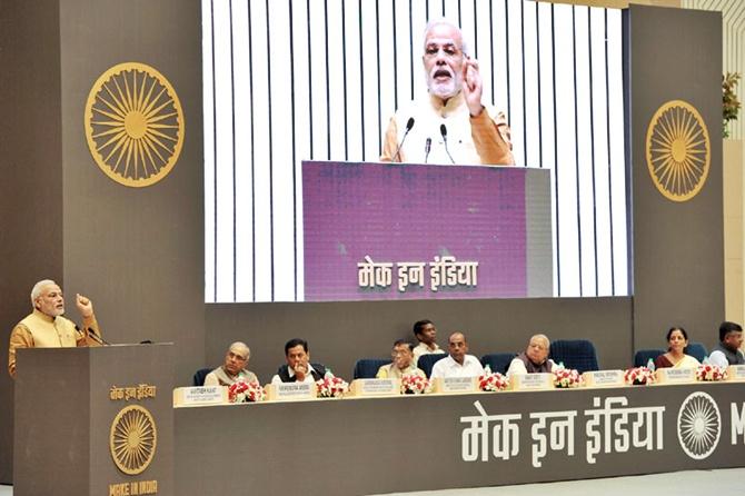 Prime Minister Narendra Modi at the launch of the Make in India Mission at Vigyan Bhavan in New Delhi.