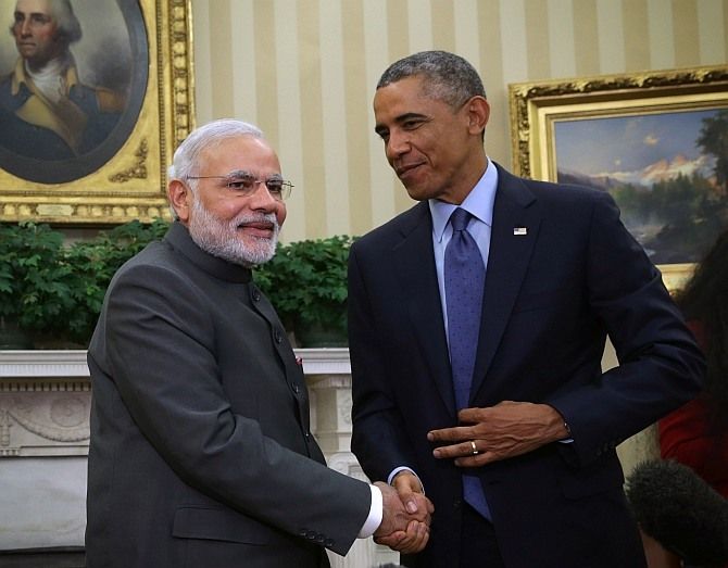 US President Barack Obama and Prime Minister Narendra Modi interact during their summit at the Oval Office. 