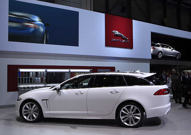 Jaguar XF Sportbrake model on display in Geneva, Switzerland.