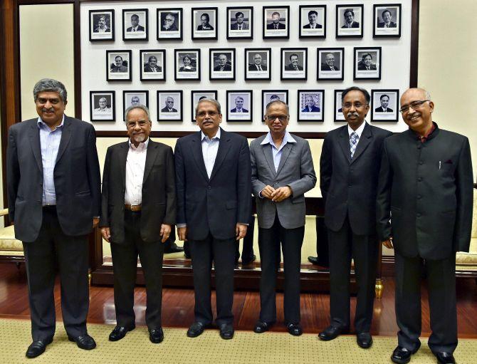 Infosys Founders, from left Nandan Nilekani, N S Raghavan, Kris Gopalakrishnan, N R Narayanmurthy, S D Shibulal and K Dinesh. Photograph: Shailendra Bhojak/PTI