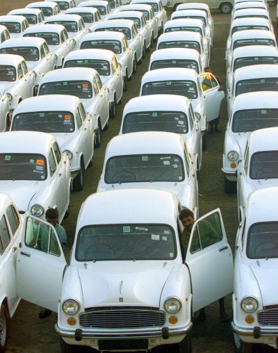 Rows of Ambassador cars are seen at the Hindustan Motors plant in Hindmotors.