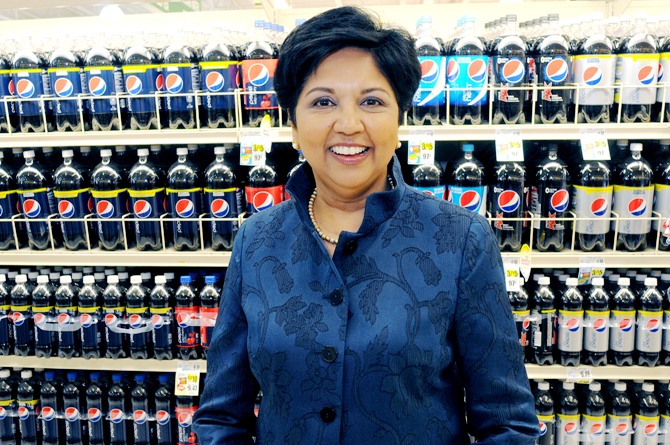 PepsiCo CEO Indra Nooyi poses for a portrait by products at the Tops SuperMarket in Batavia, New York. 