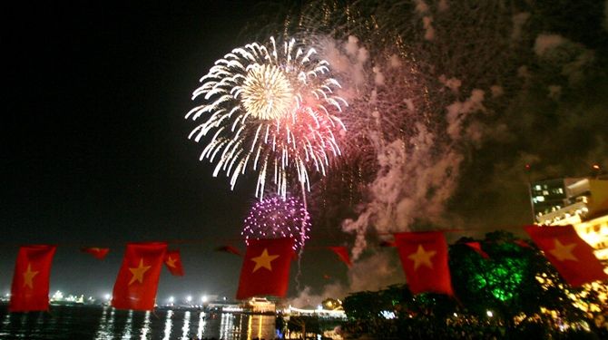 This file photo shows fireworks exploding in the night sky as Vietnam celebrates the anniversary of the end of the war with the US and its allies in Ho Chi Minh City.