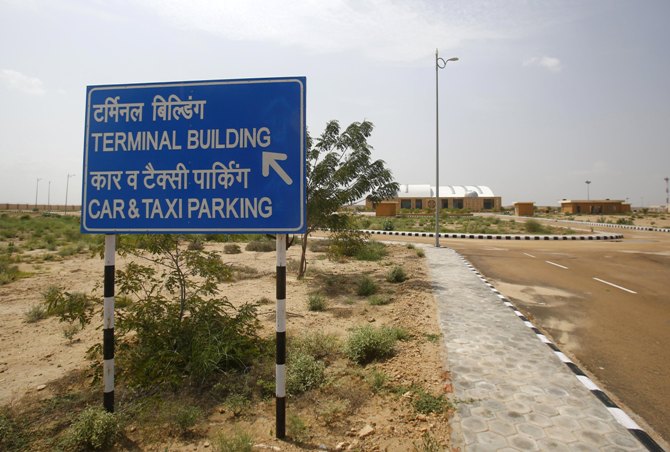 A signboard is seen outside the Jaisalmer Airport in desert state of Rajasthan.