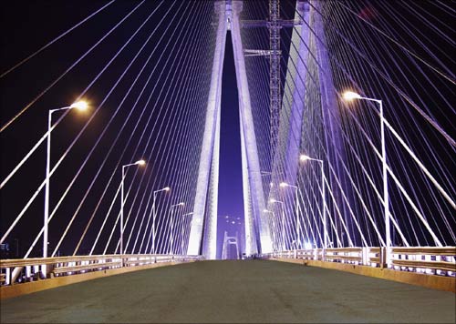 The brightly lit Bandra-Worli sea link in Mumbai.