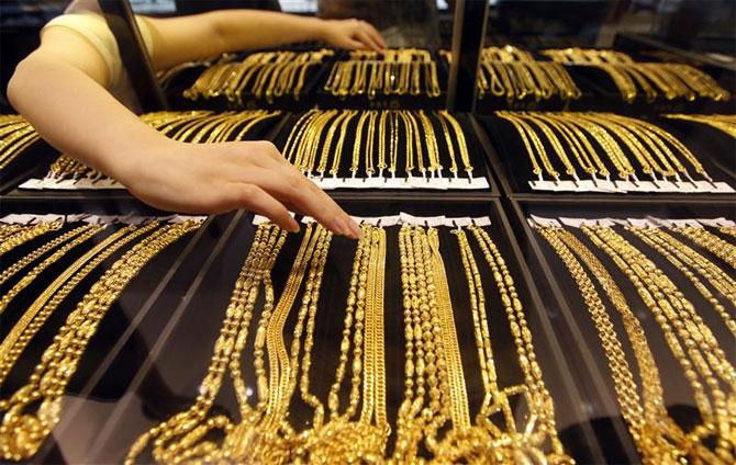 Gold ornaments on display at a jewellery store.