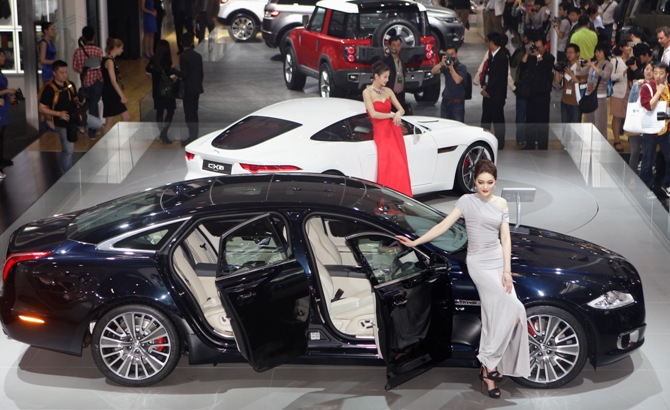 Jaguar cars are displayed at Auto China.