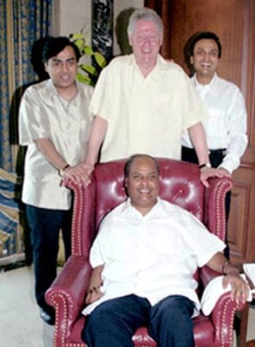 Image: Dhirubhai Ambani along with then US President Bill CLinton. Dhirubhai is flanked by his sons.