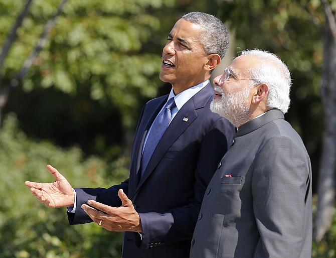 US President Barack Obama and Prime Minister Narendra Modi at the National Martin Luther King Memorial on the National Mall in Washington.