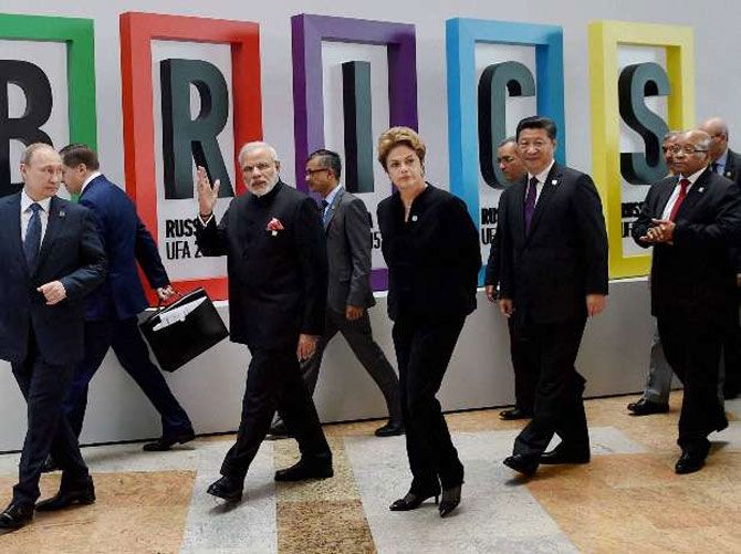 Prime Minister Narendra Modi with Russian President Vladimir Putin, then Brazilian President Dilma Rousseff Chinese President Xi Jinping and South African President Jacob Zuma  at the BRICS summit in UFA, Russia, July 2015. Photograph: PTI