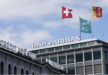 The building of the Credit Agricole (Suisse) SA and BNP Paribas are pictured in Geneva