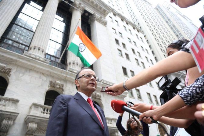 Arun Jaitley faces reporters' questions at NYSE.