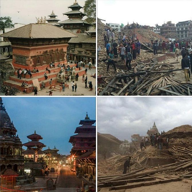Image: Kathmandu's Patan Durbar Square before and after the quake. Photograph: @MrScottEddy/Twitter