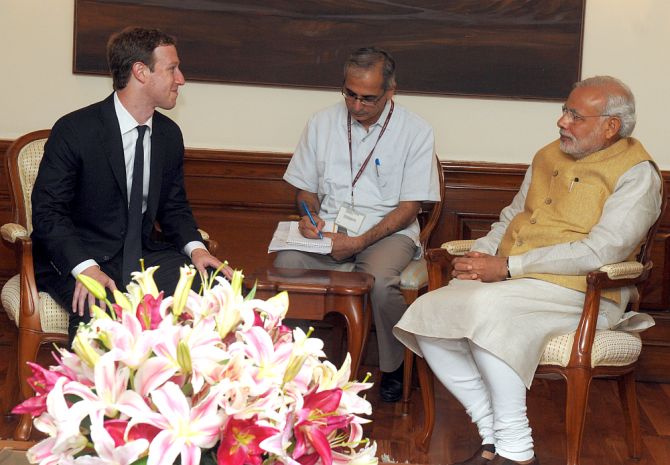 Mark Zuckerberg meets Prime Minister Narendra Modi in New Delhi on October 10, 2014.