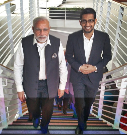 Google CEO Sunder Pichai seen here with Prime Minister Narendra Modi during the Indian leader's visit to the Google headquarters in September 2015.