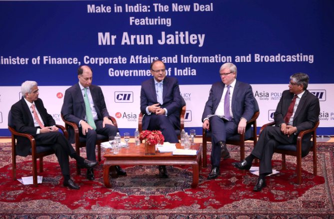 IMAGE: (From left) Shaktikanta Das, Secretary of the Department of Economic Affairs in the Indian Ministry of Finance, Naushad Forbes, CII President, Arun Jaitley, Minister of Finance, Corporate Affairs, and Information and Broadcasting in the Government of India, Kevin Rudd, ASPI President and Arun Kumar Singh, Ambassador of India to the US at Asia Society New York, April 18 2016. Photograph: Paresh Gandhi/Rediff.com