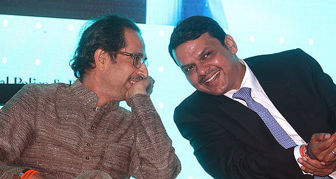 Maharashtra Chief Minister Devendra Fadnavis and Shiv Sena President Uddhav Thackeray at the Make In India Week event