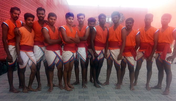 Sumesh and Sajukumar from Kerala's Thiruvananthapuram with their Kalaripayattu troupe