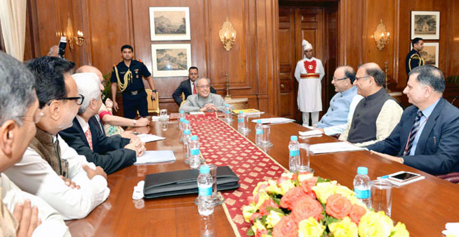 The Union Minister for Finance, Corporate Affairs and Information & Broadcasting, Shri Arun Jaitley, the Minister of State for Finance, Shri Jayant Sinha along with the senior officials presented the General Budget to the President, Shri Pranab Mukherjee, at Rashtrapati Bhavan, in New Delhi on February 29, 2016.