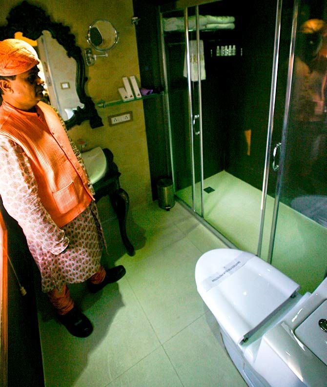 A view of toilet on luxury train, Royal Rajasthan on Wheels is seen on the outskirts of Jaisalmer. Photo: Vijay Mathur/Reuters