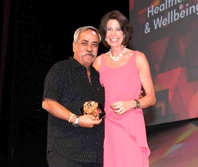 Ogilvy head honcho Piyush Pandey receiving an award in Cannes for the Savlon Healthy Hands Chalk Sticks campaign in June this year. The agency picked up nine Lions. Photo: @IMPACT_onnet/Twitter