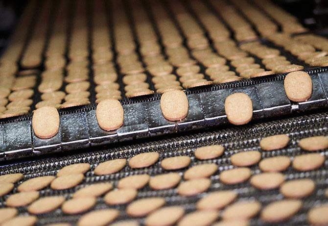 Biscuits on a conveyor belt after being baked at the Britannia factory in New Delhi. Photograph: Adnan Abidi/Reuters.