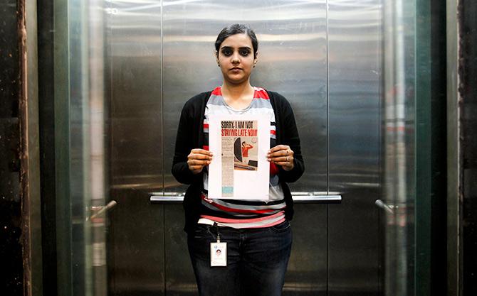 Deepshikha Bharadwaj, 24, works for an advertising agency in Gurgaon. Photograph: Mansi Thapliyal/Reuters.