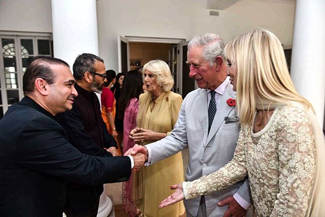 Jeweller Nirav Modi greets their royal highnesses, Prince of Wales and the Duchess of Cornwall at  the Elephant Parade India at the British High Commissioner’s residence, New Delhi in November 2017. Photograph Courtesy Nirav Modi/Facebook.