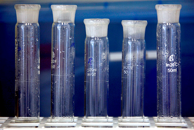Containers are seen in a laboratory in an enzyme factory of Danish biopharmaceutical company Novozymes in Beijing, China. Photograph: David Gray/Reuters