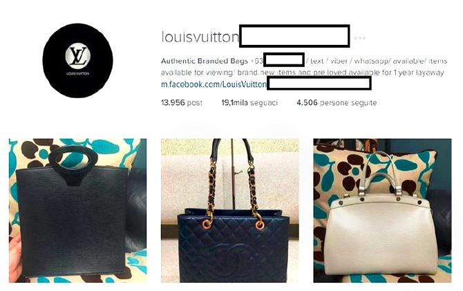 Instagram spambots featuring Louis Vuitton, selling counterfeit luxury items of different brands. Photograph: Courtesy Andrea Stroppa, Daniele di Stefano and Bernardo Parrella/Wikimedia Commons