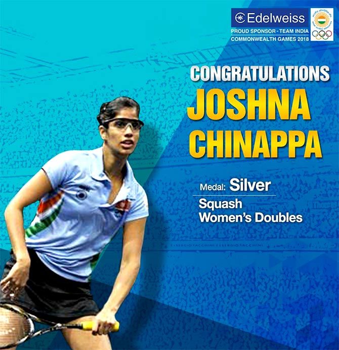 Encouraging squash champ Joshna Chinappa. Photograph: Courtesy @EdelweissFin/Twitter.