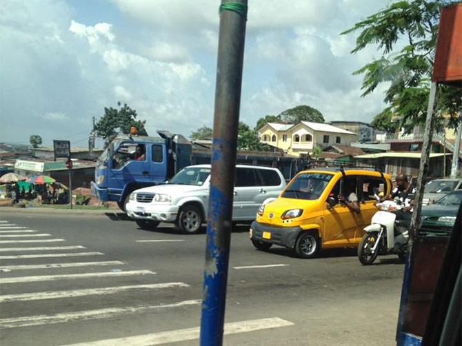 A Qute spotted in a city in Liberia. Photograph: Courtesy www.globalbajaj.com.