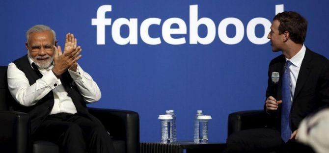 Prime Minister Narendra D Modi with Facebook CEO Mark Zuckerberg at the Facebook headquarters, September 2015. Photograph: Stephen Lam/Reuters