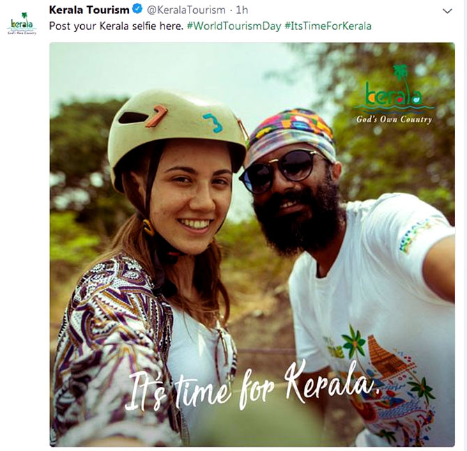 Kerala Tourism's selfie campaign to promote visibility of tourists in the state. Photograph: Courtesy @KeralaToruism/Twitter.