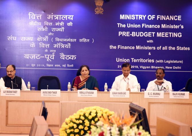 Finance Minister Nirmala Sitharaman meets finance ministers of states and Union territories in New Delhi on June 21, 2019. Photograph: Press Information Bureau
