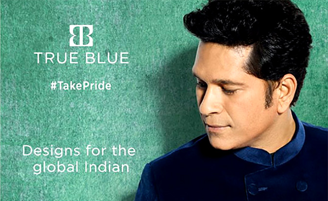 Cricketer Sachin Tendulkar promotes True Blue's traditional line.
