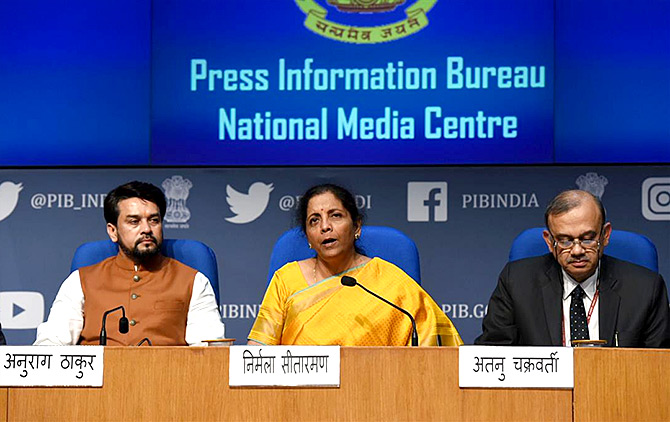 Finance Minister Nirmala Sitharaman at the post Budget press conference, February 1, 2020. Photograph: Press Information Bureau