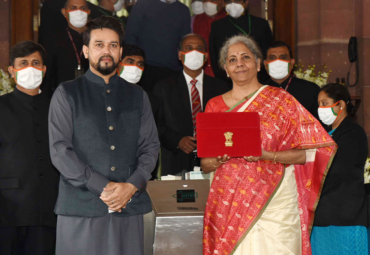 Finance Minister Nirmala Sitharaman arrives at Parliament to present her third Budget, February 1, 2021. Photograph: Press Information Bureau