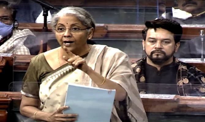 Finance Minister Nirmala Sitharaman speaks during the Budget Session of Parliament in Lok Sabha, in New Delhi.