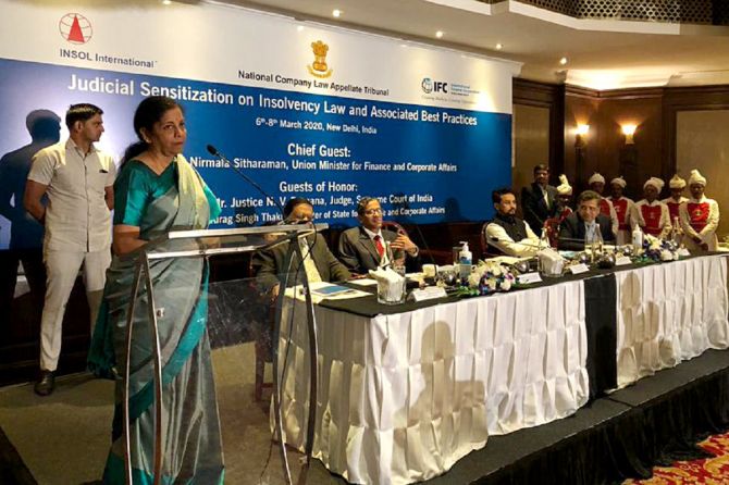 Finance minister nirmala sitharaman speaks during session of the colloquium on judicial sensitisation on insolvency law and associated best practices. Photograph: ANI Photo