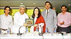 Javed Akhtar (second from left) and Nasreen Munni Kabir (centre)