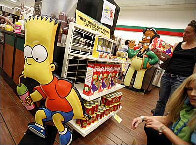 A shot from the 7-11 store in Times Square, New York, currently converted into a Kwik-E-Mart for The Simpsons Movie.