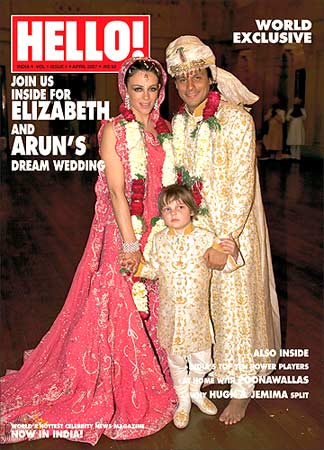 Liz Hurley and Arun Nayar on the cover of the new Hello magazine