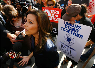 Desperate Housewives star Eva Longoria addresses the media outside the sets of the show as the Writer's Guild goes on strike