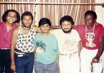Band members: Rahman (centre), Dheena Chandradas, Shivmani, Johnny Anthony, Jojo, inset Kamini Mathai