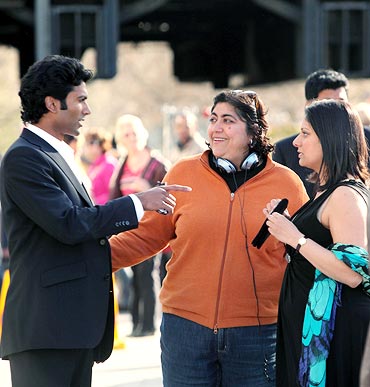 Sendhil Ramamurthy, Gurinder Chadha and Goldy Notay on the sets of It's a Wonderful Afterlife