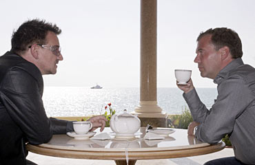 Russia's President Medvedev meets with Bono in Sochi