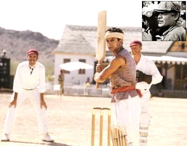A scene from Lagaan and an inset: of Anil Mehta